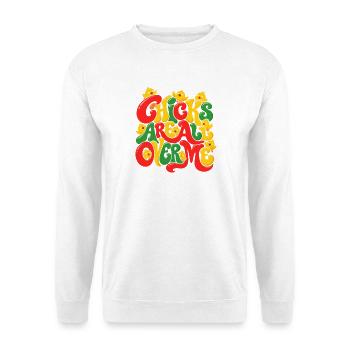 Chicks All Over Me – Farbexplosion - Unisex Pullover - Weiß - Vorne - Alina (178cm) & Michal (187cm)
