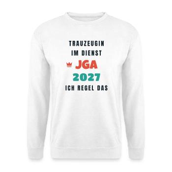 Trauzeugin im Dienst JGA 2027 ich regel das - Unisex Pullover - Weiß - Vorne - Alina (178cm) & Michal (187cm)
