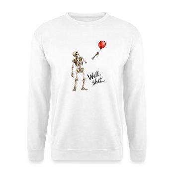 Tja, verdammt, lustiger Skelett, roter Ballon, dunkler Humor - Unisex Pullover - Weiß - Vorne - Alina (178cm) & Michal (187cm)