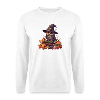 Cottagecore-Eulen-Hexenhut auf Buch-Kürbis-Hallowee - Unisex Pullover - Weiß - Vorne - Alina (178cm) & Michal (187cm)