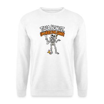 Tibia ehrlich: Skelet Candy Spruch - Unisex Pullover - Weiß - Vorne - Alina (178cm) & Michal (187cm)