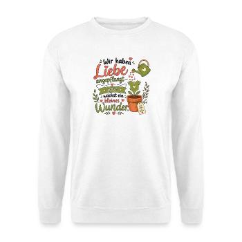 Babyankündigung Schwangerschaft Kleines Wunder - Unisex Pullover - Weiß - Vorne - Alina (178cm) & Michal (187cm)