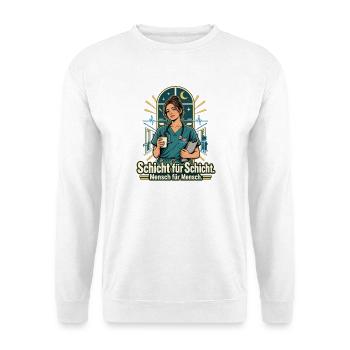 Pflegekraft Krankenpflege Schichtarbeit - Unisex Pullover - Weiß - Vorne - Alina (178cm) & Michal (187cm)