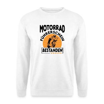 Motorrad Führerschein bestanden Sprüche fahren - Unisex Pullover - Weiß - Vorne - Alina (178cm) & Michal (187cm)