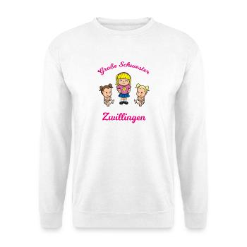 Große Schwester von Zwillingen Geschwister - Unisex Pullover - Weiß - Vorne - Alina (178cm) & Michal (187cm)