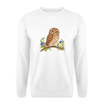 Niedliche Eule auf blühendem Ast - Unisex Pullover - Weiß - Vorne - Alina (178cm) & Michal (187cm)
