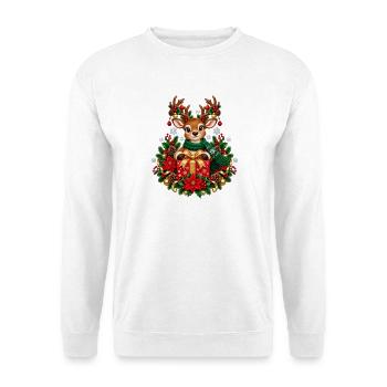 Rentier mit Geschenk im Weihnachtsglanz - Unisex Pullover - Weiß - Vorne - Alina (178cm) & Michal (187cm)