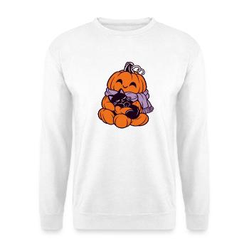 Kuschelpumpkin Katze im Herbst - Unisex Pullover - Weiß - Vorne - Alina (178cm) & Michal (187cm)