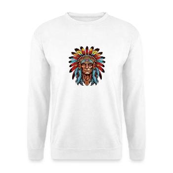 Portrait Mann mit buntem Federschmuck - Unisex Pullover - Weiß - Vorne - Alina (178cm) & Michal (187cm)