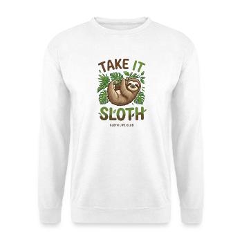 Take It Sloth – Gemütliches Faultier Geschenk - Unisex Pullover - Weiß - Vorne - Alina (178cm) & Michal (187cm)