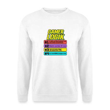 Gamerlogik Sprüche Banner - Unisex Pullover - Weiß - Vorne - Alina (178cm) & Michal (187cm)