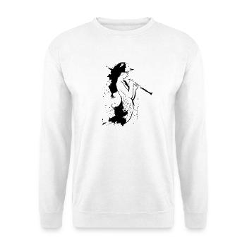 Zeichnung Flötistin - Unisex Pullover - Weiß - Vorne - Alina (178cm) & Michal (187cm)