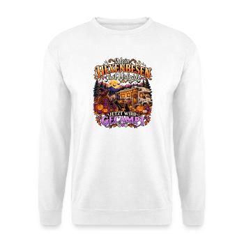 Hexenbesen Urlaub Camping im Wald - Unisex Pullover - Weiß - Vorne - Alina (178cm) & Michal (187cm)