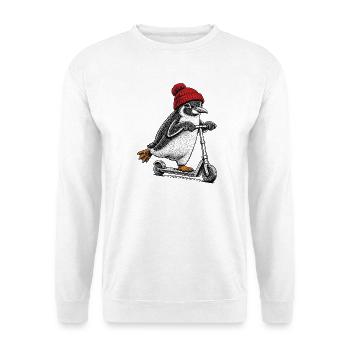 Pinguin auf dem Tretroller – Vintage-Stil - Unisex Pullover - Weiß - Vorne - Alina (178cm) & Michal (187cm)