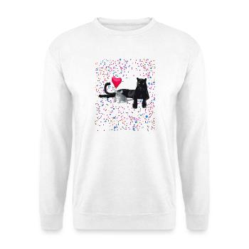 Schwarze Katze mit Maus und Herzballon - Unisex Pullover - Weiß - Vorne - Alina (178cm) & Michal (187cm)