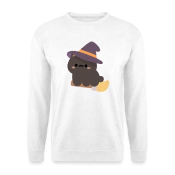 Kawaii-Hexenpudding auf einem Besen - Unisex Pullover - Weiß - Vorne - Alina (178cm) & Michal (187cm)