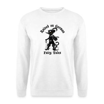 Raised on German Fairy Tails Gestiefelter Kater - Unisex Pullover - Weiß - Vorne - Alina (178cm) & Michal (187cm)