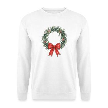 Traditioneller Weihnachtskranz mit roter Schleife - Unisex Pullover - Weiß - Vorne - Alina (178cm) & Michal (187cm)