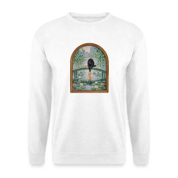 Schwarzer Kater angelt Koi im Seerosenteich - Unisex Pullover - Weiß - Vorne - Alina (178cm) & Michal (187cm)