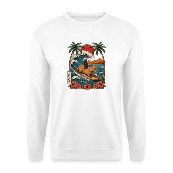 Capybara und Kater surfen auf der großen Welle - Unisex Pullover - Weiß - Vorne - Alina (178cm) & Michal (187cm)