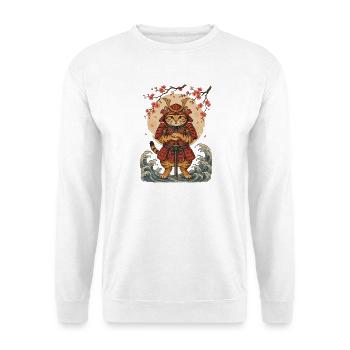 Samurai Katze mit Katana vor roter Sonne - Unisex Pullover - Weiß - Vorne - Alina (178cm) & Michal (187cm)
