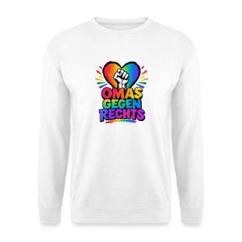 OMAS GEGEN RECHTS – Regenbogen Herz - Unisex Pullover - Weiß - Vorne - Alina (178cm) & Michal (187cm)