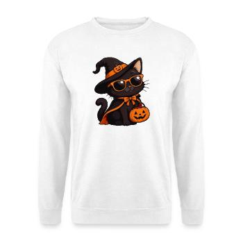 Halloween-Katze mit Kürbiskorb - Unisex Pullover - Weiß - Vorne - Alina (178cm) & Michal (187cm)