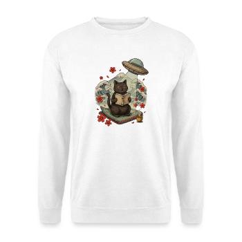 Katze liest Buch unter einem UFO - Unisex Pullover - Weiß - Vorne - Alina (178cm) & Michal (187cm)