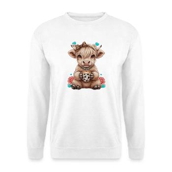 Hochlandrind Kalb mit Schleife und Kaffee - Unisex Pullover - Weiß - Vorne - Alina (178cm) & Michal (187cm)