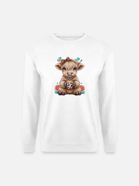 Hochlandrind Kalb mit Schleife und Kaffee - Unisex Pullover - Weiß