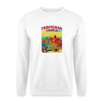 Vintage Style Perpignan France Cityscape Novelty - Unisex Pullover - Weiß - Vorne - Alina (178cm) & Michal (187cm)