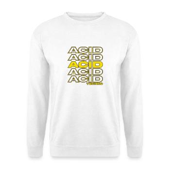Acid Techno – Gelbe Schriftreihen - Unisex Pullover - Weiß - Vorne - Alina (178cm) & Michal (187cm)