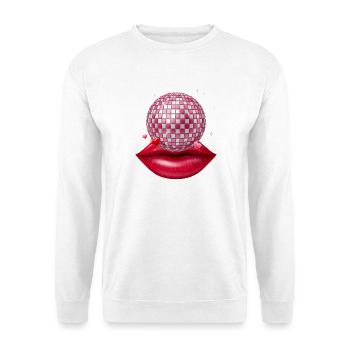 Rote Lippen mit Discokugel Kaugummiblase - Unisex Pullover - Weiß - Vorne - Alina (178cm) & Michal (187cm)