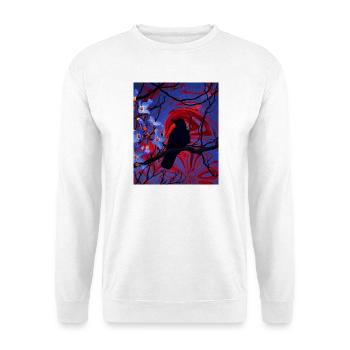 Nächtliche Krähen-Silhouette im roten Neonwirbel - Unisex Pullover - Weiß - Vorne - Alina (178cm) & Michal (187cm)