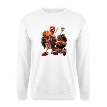 Der König des Grills – Verrückter Hahn mit Hausschuhen - Unisex Pullover - Weiß - Vorne - Alina (178cm) & Michal (187cm)