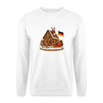 Weihnachtshaus mit Schlitten und Flagge - Unisex Pullover - Weiß - Vorne - Alina (178cm) & Michal (187cm)