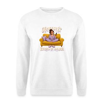 Namaste? Bleib auf dem Sofa. - Unisex Pullover - Weiß - Vorne - Alina (178cm) & Michal (187cm)
