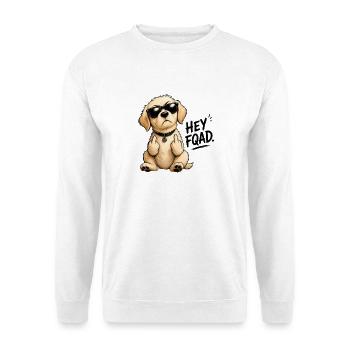 Hey FQAD – Frecher bunter Hund mit schwarzem Humor - Unisex Pullover - Weiß - Vorne - Alina (178cm) & Michal (187cm)
