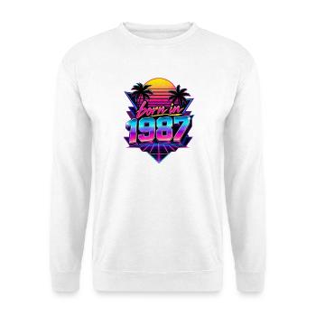 Geboren 1987 Neon Retro Optik - Unisex Pullover - Weiß - Vorne - Alina (178cm) & Michal (187cm)