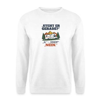 Steht er gerade? Wohnmobil Spruch | Camping - Unisex Pullover - Weiß - Vorne - Alina (178cm) & Michal (187cm)
