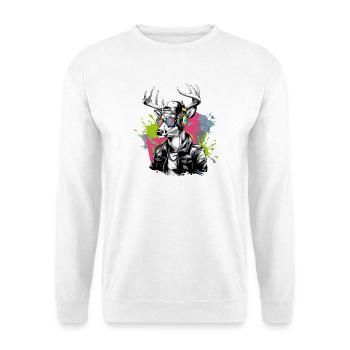 Stadthirsche mit Kopfhörern und Schutzbrille - Unisex Pullover - Weiß - Vorne - Alina (178cm) & Michal (187cm)