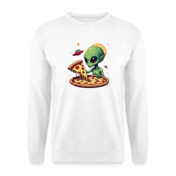 Foodie-Alien und Pizza-humorvolle Illustration - Unisex Pullover - Weiß - Vorne - Alina (178cm) & Michal (187cm)