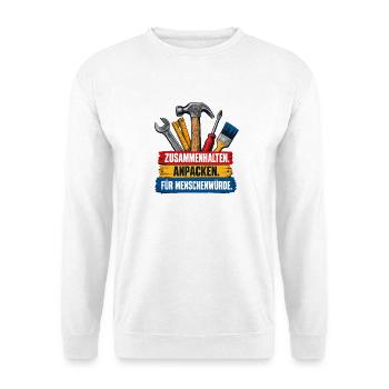 Handwerker gegen Ausgrenzung Statement Outfit  - Unisex Pullover - Weiß - Vorne - Alina (178cm) & Michal (187cm)