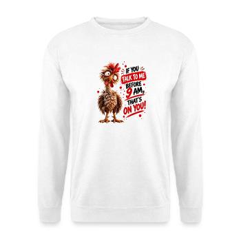 Morgenmuffel Hahn - nicht vor 9 Uhr ansprechen - Unisex Pullover - Weiß - Vorne - Alina (178cm) & Michal (187cm)