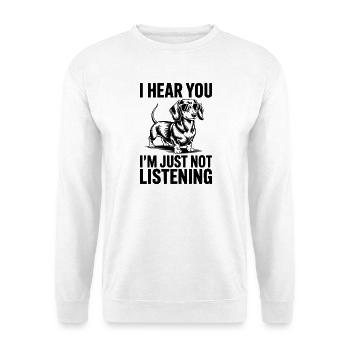 Dackel Spruch Dachshund Lustiges Dackel Geschenk - Unisex Pullover - Weiß - Vorne - Alina (178cm) & Michal (187cm)