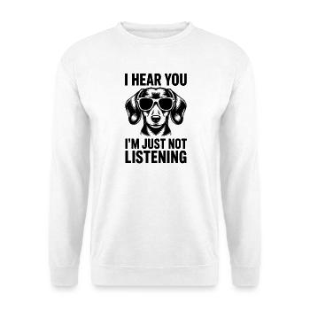 Dackel Spruch Dachshund Lustiges Dackel Geschenk - Unisex Pullover - Weiß - Vorne - Alina (178cm) & Michal (187cm)