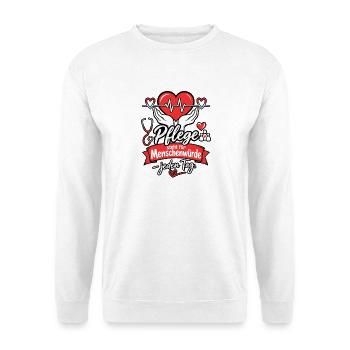 Pflege steht für Menschenwürde Pflegerinnen Outfit - Unisex Pullover - Weiß - Vorne - Alina (178cm) & Michal (187cm)