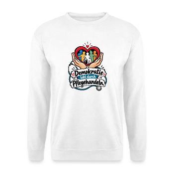Demokratie lebt durch Pflegehandeln Pflege  - Unisex Pullover - Weiß - Vorne - Alina (178cm) & Michal (187cm)