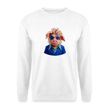 Retro-Schwein mit Sternbrille – Coole 70er-Jahre - Unisex Pullover - Weiß - Vorne - Alina (178cm) & Michal (187cm)