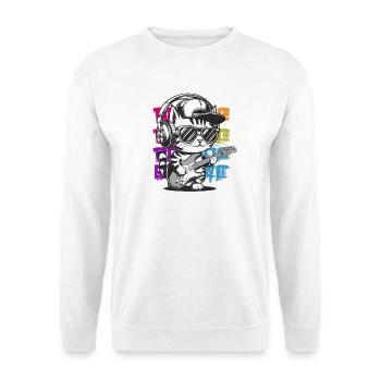  Coole Rocker Katze mit E Gitarre Graffiti Style - Unisex Pullover - Weiß - Vorne - Alina (178cm) & Michal (187cm)